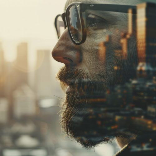 Double exposure, Close-Up of Bearded Banker Wearing Glasses, Overlaid with Panoramic View of Contemporary Megalopolis
